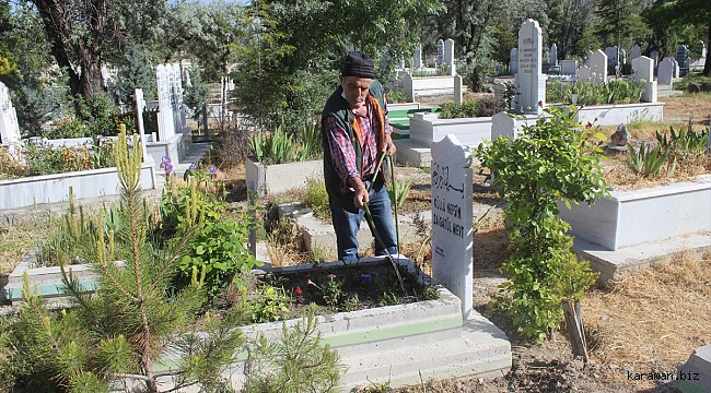 Günün ilginç haberi Karapınar'dan. Oğlu'nun mezarına diktiği fidanlar çalındı