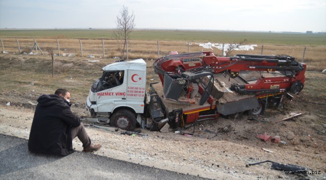 Konya'da şarampole yuvarlanan vincin operatörü ağır yaralandı