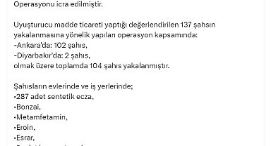 Ankara ve Diyarbakır'da uyuşturucu operasyonu; 104 gözaltı