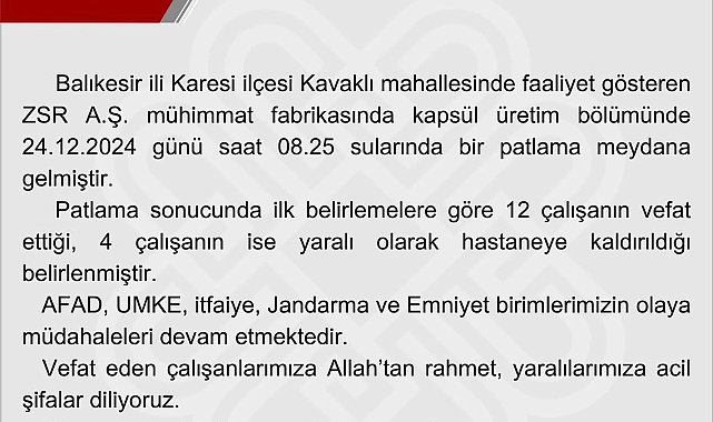Balıkesir'de mühimmat fabrikasında patlama; 12 ölü, 4 yaralı