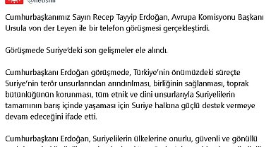 Cumhurbaşkanı Erdoğan, Avrupa Komisyonu Başkanı Von der Leyen ile telefonda görüştü
