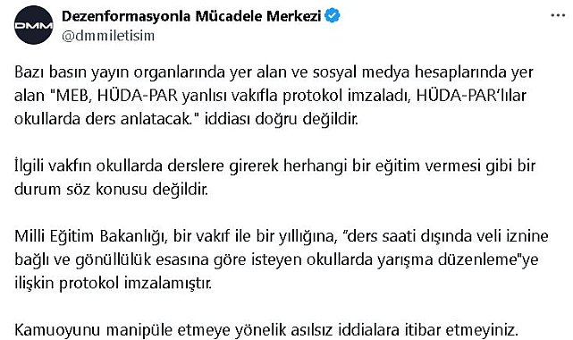 DMM: 'HÜDA-PAR'lılar okullarda ders anlatacak' iddiası doğru değildir