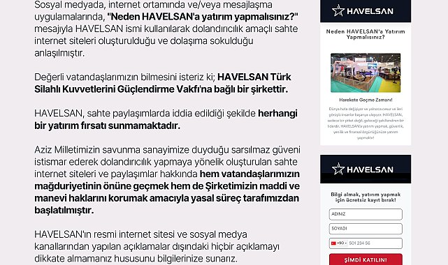 HAVELSAN'dan 'Sahte Yatırım Fırsatları' dolandırıcılığına karşı vatandaşlara uyarı