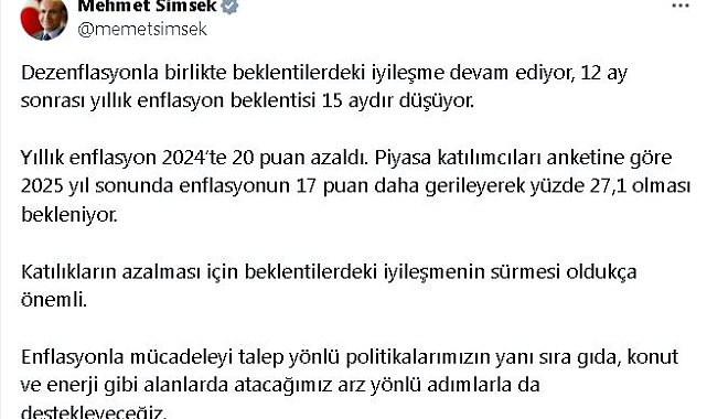 Bakan Şimşek: 12 ay sonrası yıllık enflasyon beklentisi 15 aydır düşüyor