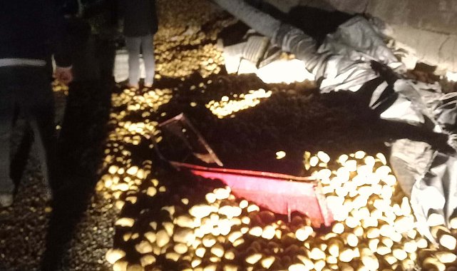 Turgutlu'da duvara çarpan kamyonun dorsesi devrildi; tonlarca patates yola saçıldı