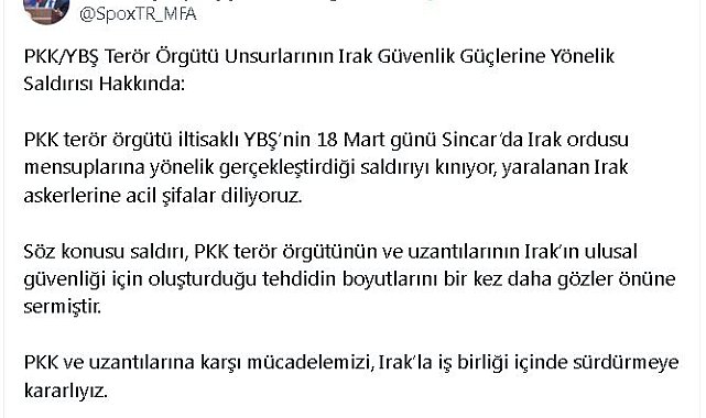 Dışişleri'nden YBŞ'nin Irak ordusuna saldırısına kınama
