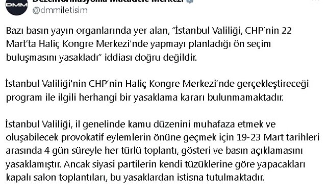 DMM: İstanbul Valiliği'nin 'ön seçim buluşması yasaklandı' kararı bulunmamaktadır