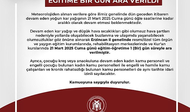 Erzincan'da eğitimde kar tatili uzatıldı