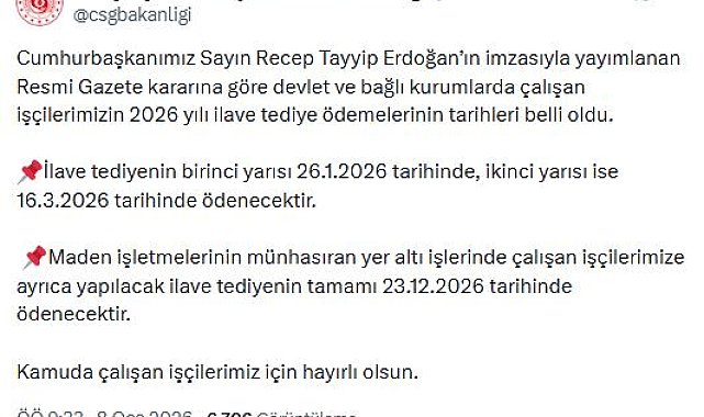Bakanlık: Kamu işçilerinin ilave tediye ödeme tarihleri belli oldu