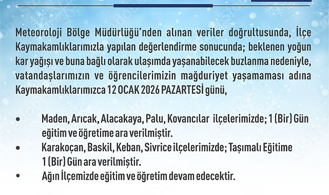 Elazığ'da eğitime kar engeli
