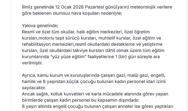 Yalova'da eğitime 1 gün ara verildi
