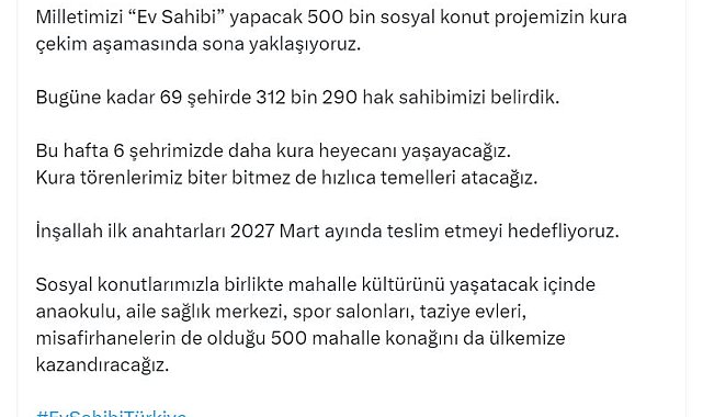 Bakan Kurum, 23 Şubat-1 Mart kura takvimini açıkladı