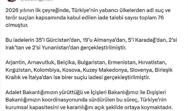 Bakan Gürlek: 2026'nın ilk çeyreğinde 76 suçlu Türkiye'ye iade edildi