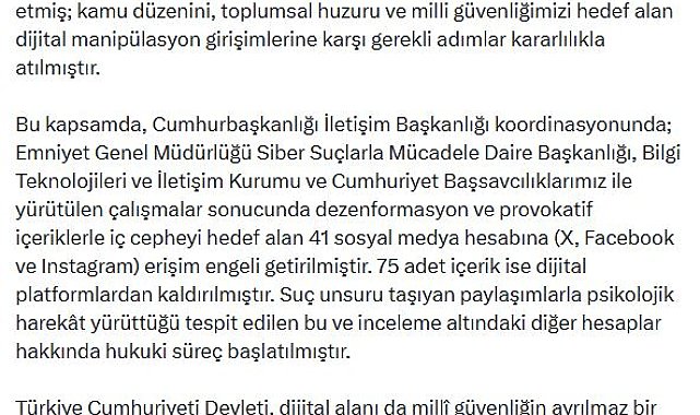 İletişim Başkanı Duran: Dezenformasyon içeren 41 hesaba erişim engeli getirildi