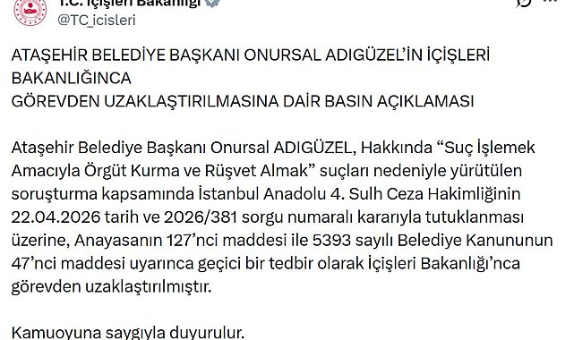 Ataşehir Belediye Başkanı Adıgüzel görevden uzaklaştırıldı