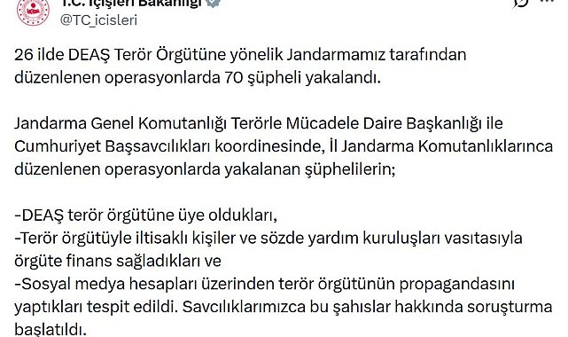 26 ilde DEAŞ operasyonları; 70 şüpheli yakalandı