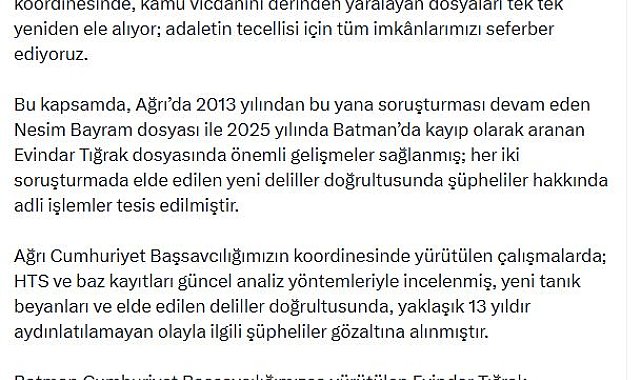 Bakan Gürlek: 2 kayıp dosyasında yeni deliller bulundu ve adli işlem yapıldı