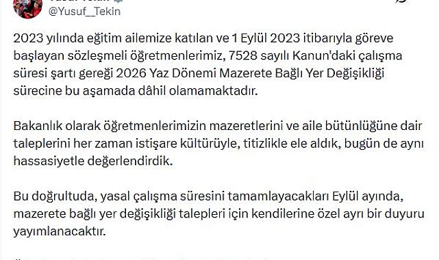 Bakan Tekin'den 'Mazerete Bağlı Yer Değişikliği' açıklaması