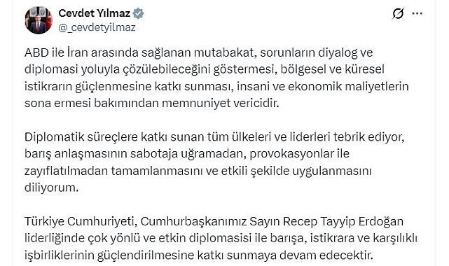 Cevdet Yılmaz: ABD ile İran arasında sağlanan mutabakat, memnuniyet verici