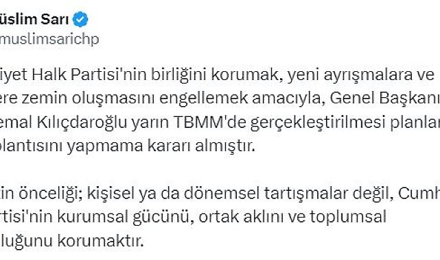 CHP Sözcüsü Sarı: Kılıçdaroğlu, yarın grup toplantısı yapmayacak