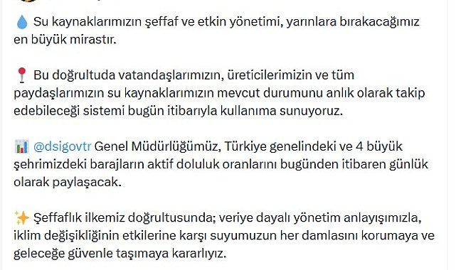 DSİ, barajların aktif doluluk oranlarını günlük paylaşacak