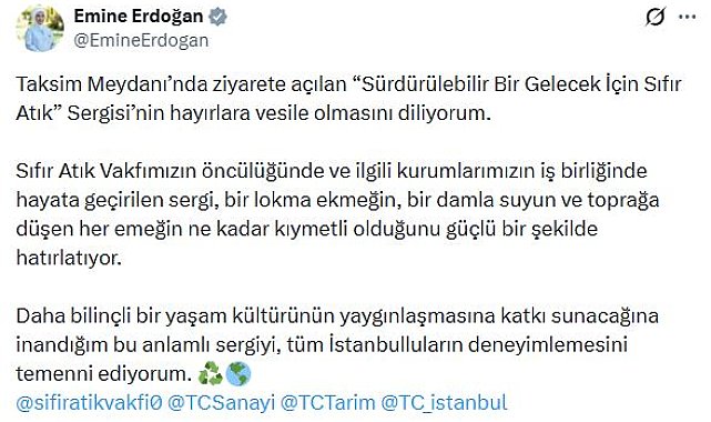 Emine Erdoğan'dan 'Sürdürülebilir Bir Gelecek İçin Sıfır Atık' sergisi paylaşımı