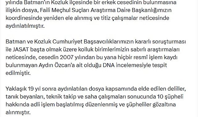 Batman'da 19 yıl önce bulunan cesetle ilgili 10 şüpheliye gözaltı