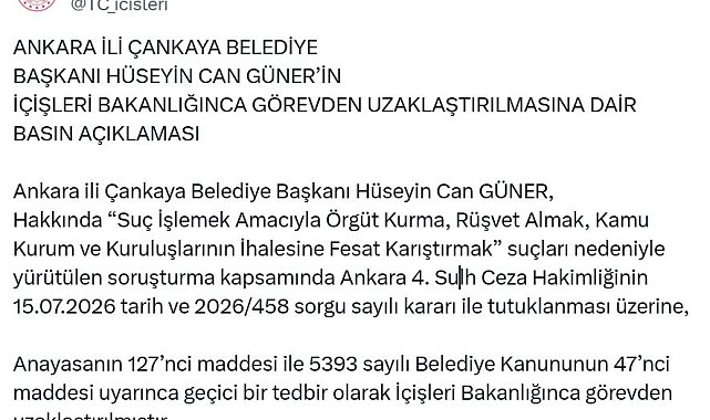 Çankaya Belediye Başkanı Güner, görevden uzaklaştırıldı