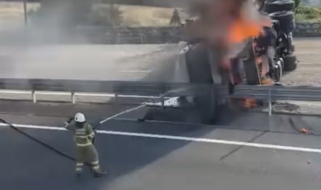 Devrilip yanan TIR'ın şoförü yaralandı