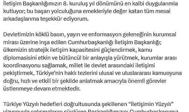 Duran'dan, 'İletişim Başkanlığı'nın 8'inci kuruluş yıl dönümü' mesajı