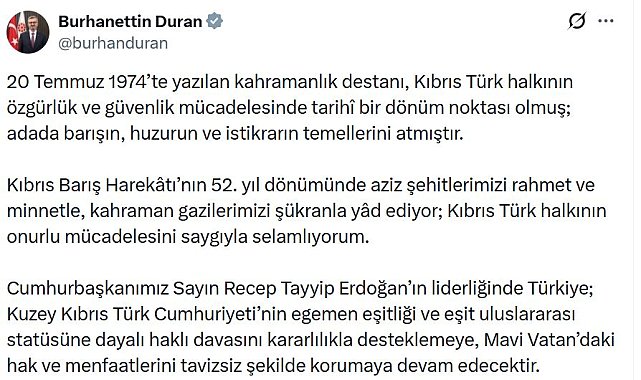 İletişim Başkanı Duran'dan Kıbrıs Barış Harekatı'nın 52'nci yıl dönümü mesajı