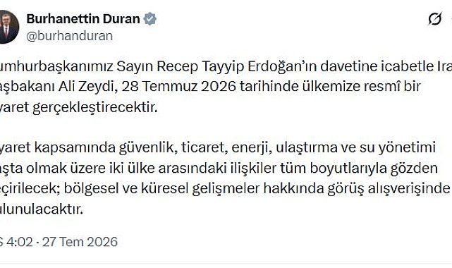 Irak Başbakanı Zeydi, Türkiye'ye gelecek
