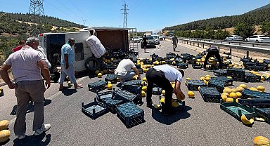 Kamyonet devrildi, kasasındaki kavunlar yola saçıldı